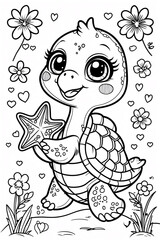 Fototapeta premium Sweet Baby Turtle with a Joyful Smile Surrounded by Flowers in a Beautiful Garden Black Line Art for Fun Kids Book or Activity Page Drawing Illustration with Heart and Flowers Garden