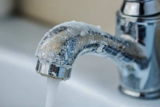Zoomed view of limescale accumulation Focused shot of mineral deposit on aged faucet Chrome fixture showing crusty calcium buildup requiring cleaner