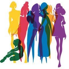 a colorful vector abstract representation of women in different poses, showcasing diverse body shapes and silhouettes in vibrant colors