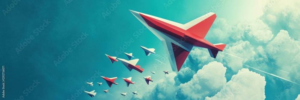 Poster red and white airplane leading smaller paper planes in a bright blue sky showcasing teamwork and gui