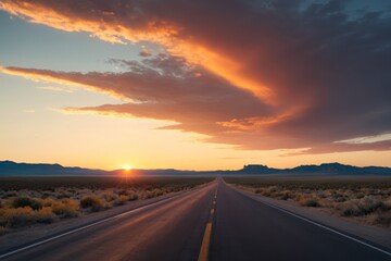 arafed road in the middle of a desert with a sunset in the background