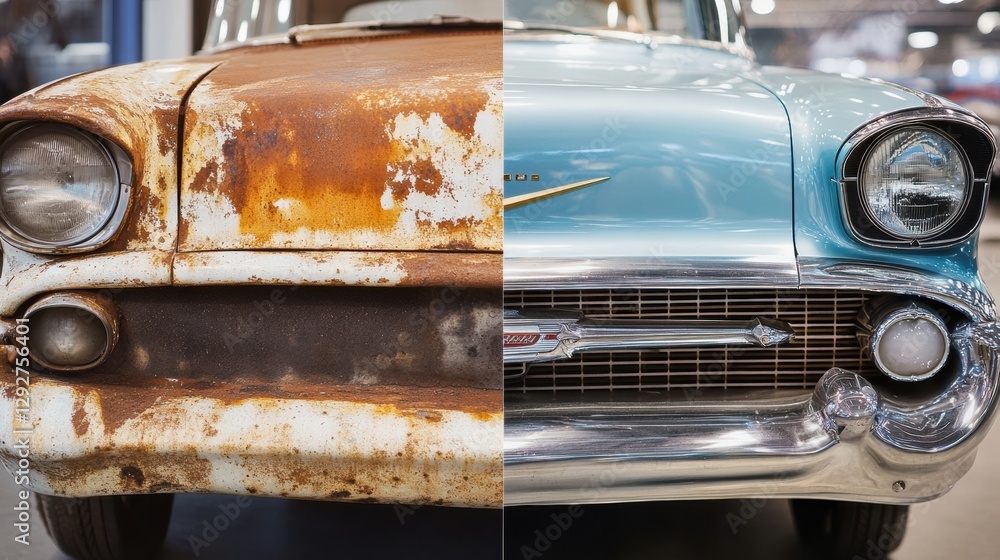 Poster Classic car transformation showcasing before and after restoration process with noticeable difference in condition. Generative AI