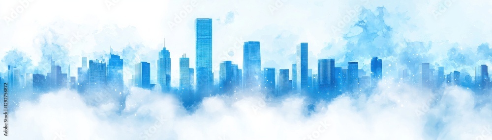 Poster a serene blue skyline emerging from soft clouds, blending urban architecture with a tranquil atmosph