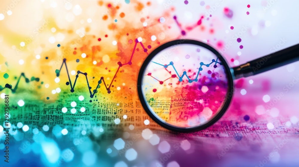 Poster a colorful abstract representation of data analysis, featuring magnified graphs and vibrant splashes