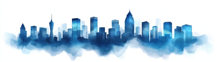 Fototapeta premium A blue silhouette of a city skyline with various building shapes against a white background.
