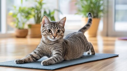Gray tabby cat practicing yoga on mat in bright room lifestyle image serene environment indoor view