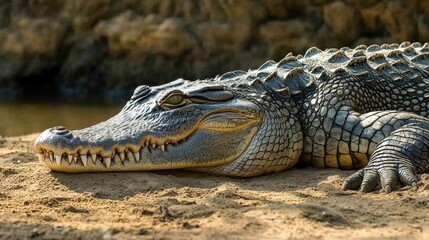 Obraz premium Lying Crocodile in Sunlight on Sandy Riverbank with Textured Skin