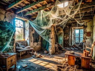 Fototapeta premium Abandoned Shelter: Dust, Spiderwebs, and Forgotten Objects - Stock Photo