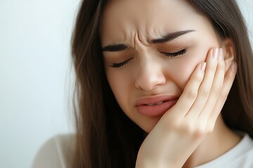 Woman experiencing intense facial pain, holding her cheek.