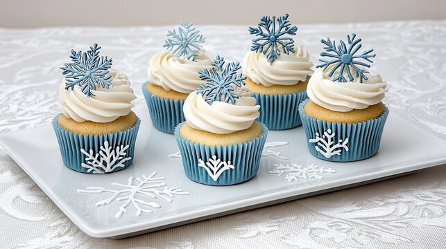 Delicious cupcakes with snowy decorations on a decorative plate.