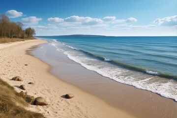 there is a sandy beach with a few rocks on the shore