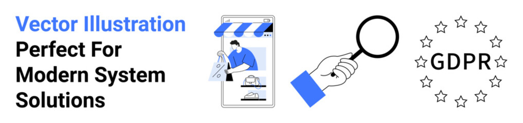 Mobile e-commerce store interface, hand using magnifying glass, GDPR text with stars. Ideal for privacy policy, data protection, e-commerce security, user rights, regulations, digital privacy flat