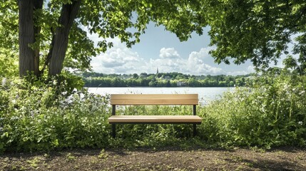 Peaceful Park Bench Surrounded by Greenery and Calm Water View