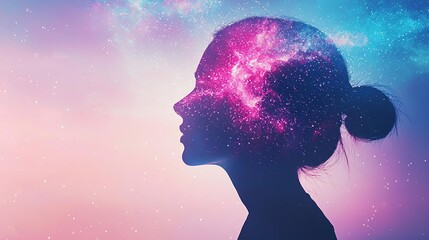 Obraz premium A silhouette of a woman with a galaxy overlay representing creativity and dreams.