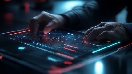 Hands operating a futuristic interface with colorful lights and data