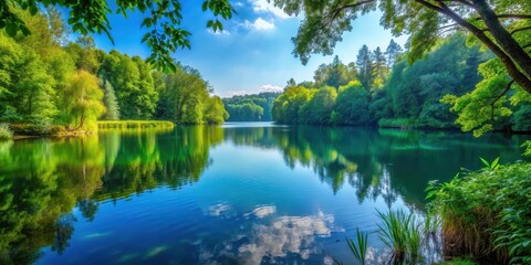 Obraz premium Dense foliage envelops tranquil lake, dense, lake, dense,lake, natural beauty, serene surroundings