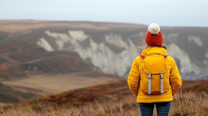 A traveler admires the beautiful landscape from a cliff in autumn colors.