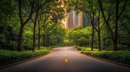 Obraz premium Urban park road curving through trees at sunrise
