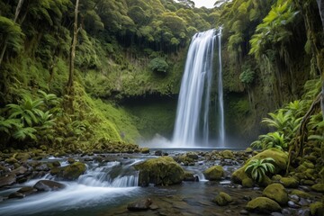 Obraz premium there is a waterfall in the middle of a lush green forest