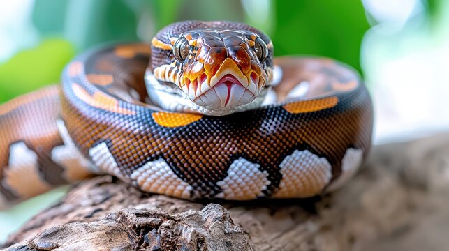 Ball python coiled on wood, lush background, pet reptile