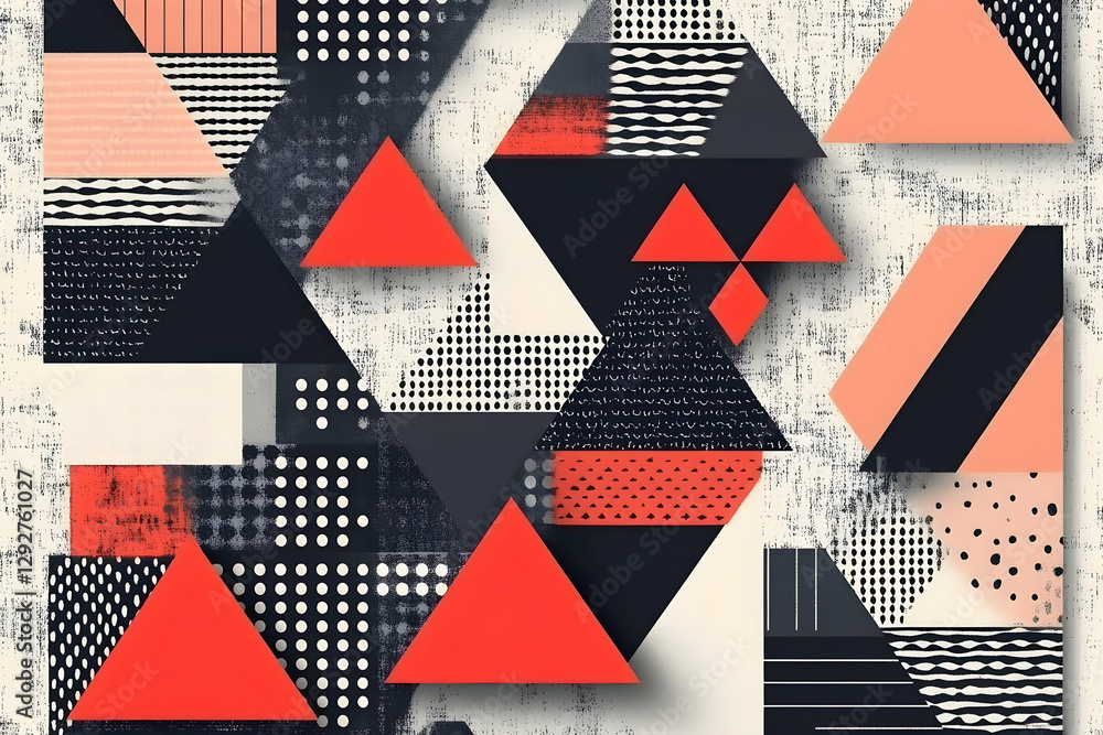 Poster abstract geometric pattern design with coral, black, and white triangles, featuring textured backgro