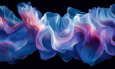 Obraz premium Abstract swirling blue and purple waves, digital art, flowing fabric, ethereal texture, vibrant colors, dark background, elegant design, smooth curves, modern art.