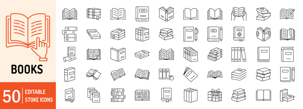 Books collections editable stroke outline web icons set. Book, library, reading, magazine, dictionary, ebook, school, paper, story and more... Vector illustration