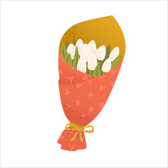 Bouquet of tulips in gift wrapping with heart pattern. Flowers for a holiday, wedding or date. Floristic composition. Gift for a loved one. Vector illustration isolated on white background.