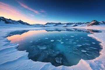 arafed view of a frozen lake with a mountain in the background