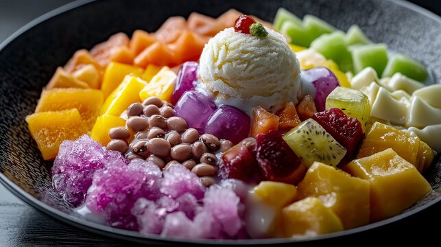 Vibrant overhead food photography of festive filipino halohalo at local market culinary experience