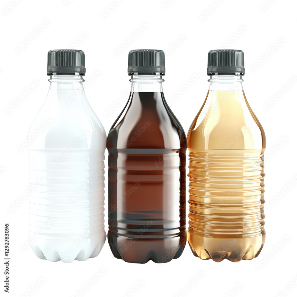 Poster three clear plastic bottles filled with fresh drinking water displayed against a neutral background 
