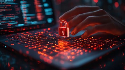 Cybersecurity and data protection concept featuring businessman working on smartphone and laptop with digital padlock – internet privacy, financial data security, and modern technology background