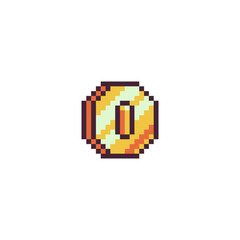 Chinese gold coin pixel art icon. Feng shui element. China money. Sticker design. 8-bit sprite. Isolated vector illustration.