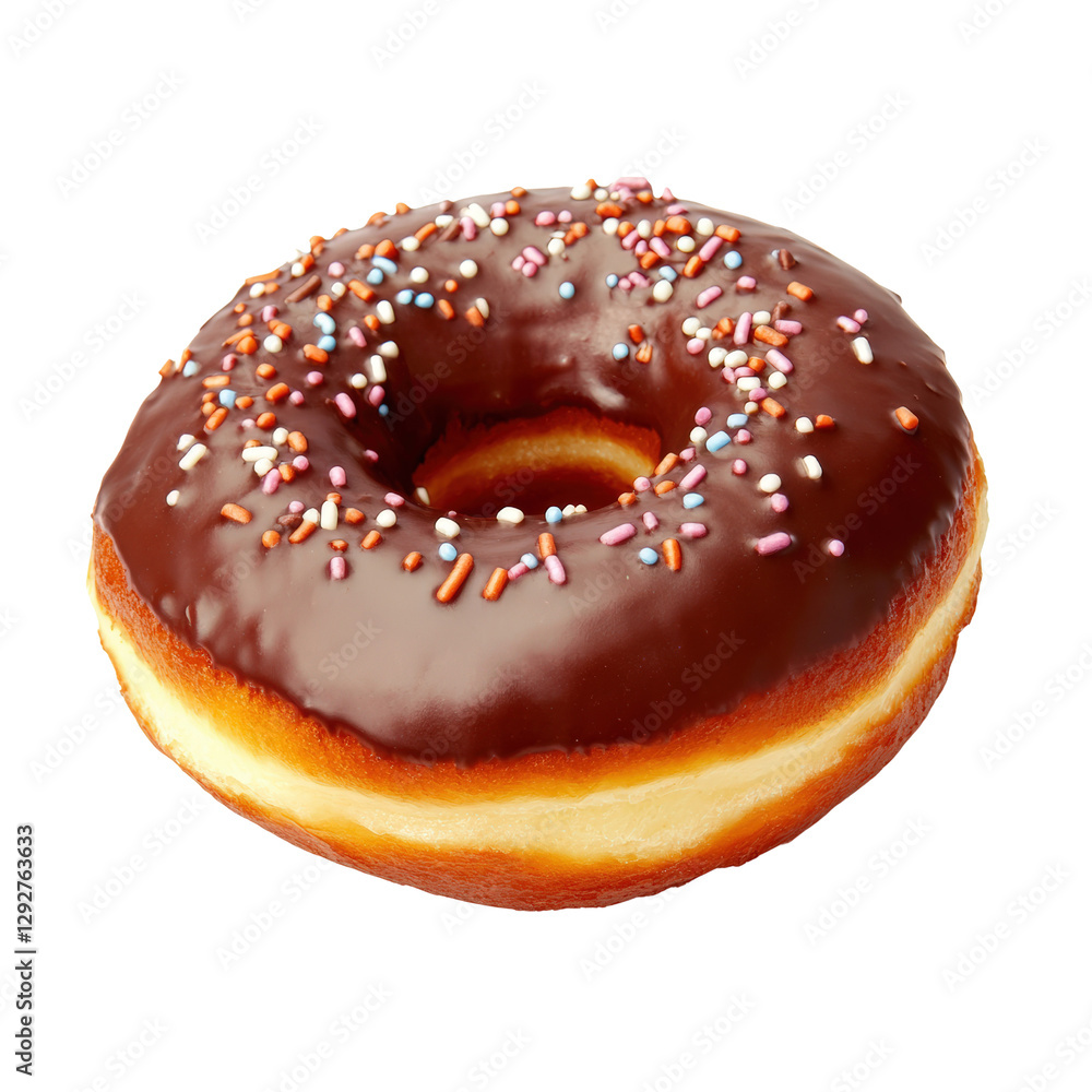 Poster a delicious chocolate covered doughnut adorned with colorful sprinkles displayed on a bright surface