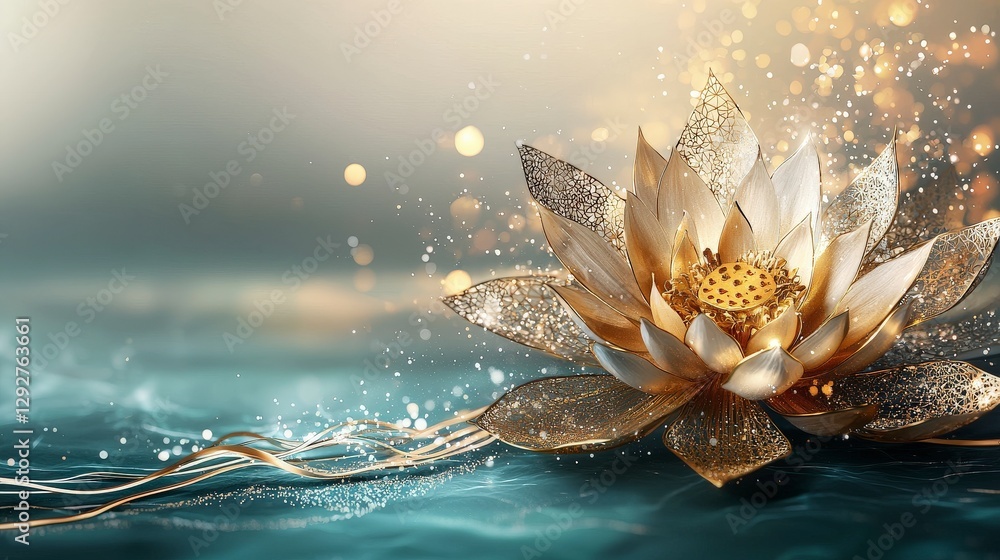 Poster golden lotus flower design in tranquil water setting digital art serene environment close-up view
