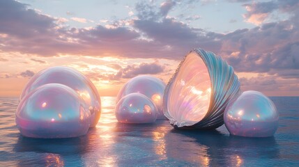 giant iridescent pearls. an open seashell with a luminous, pearl-like glow 