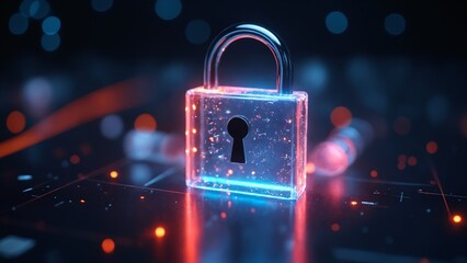 Internet security image. Rainbow glossy transparent three-dimensional padlock icon. Dark black background.