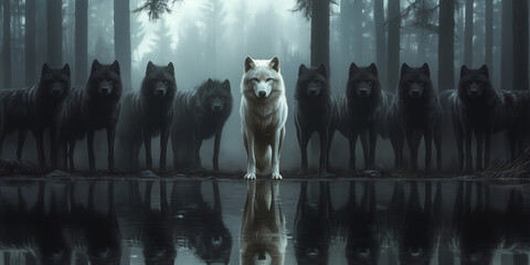 A lone white wolf stands fearlessly among a pack of black wolves in a misty forest, its reflection mirrored in the still water. The scene exudes mystery, leadership, and quiet dominance in the wild.