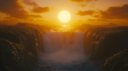 Dramatic sunset over a powerful waterfall cascading into a vast ocean, surrounded by rugged cliffs.  Golden hour light bathes the scene.