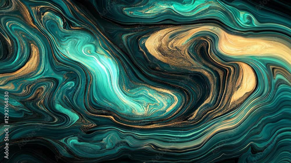 Poster swirling turquoise and gold abstract design with smooth textures and flowing patterns in rich colors