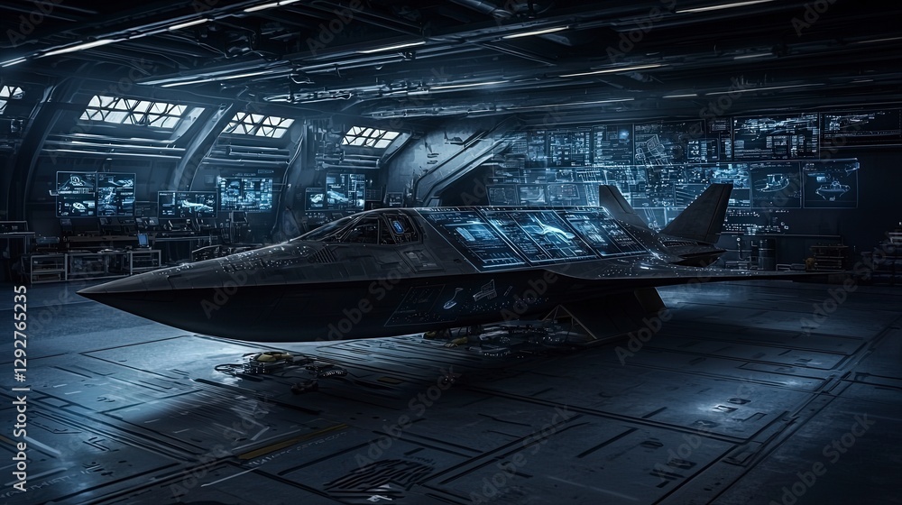 Poster Futuristic jet design engineering lab 3d model high-tech environment angled perspective conceptual innovation