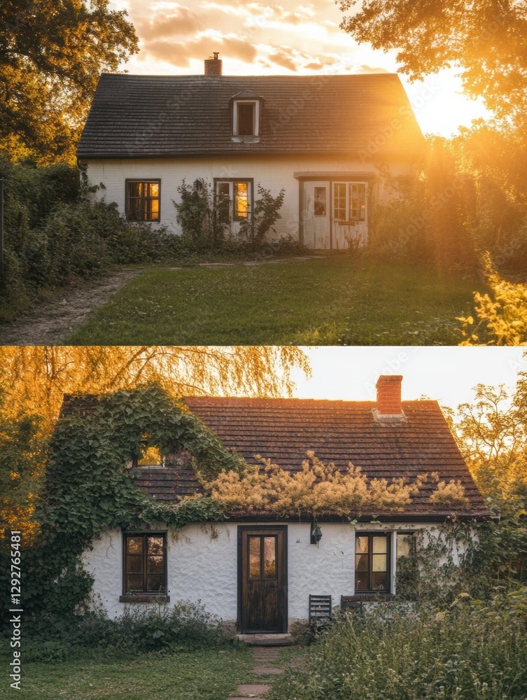 Aufkleber contrast of an abandoned house overgrown with nature and a beautifully restored cottage glowing with