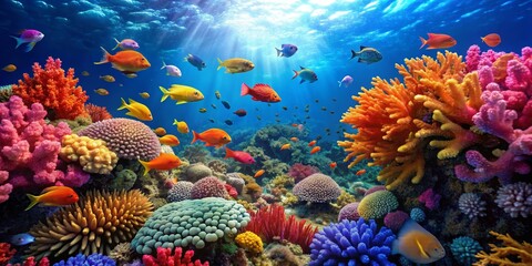 Vibrant Underwater Coral Reef with Colorful Fish and Sunlight