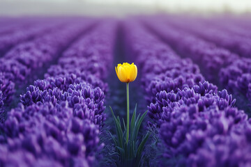 A single yellow tulip stands tall in a vast field of purple flowers, symbolizing uniqueness, individuality, and the beauty of standing out in a world of conformity.