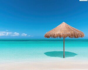 A serene beach scene featuring a thatched umbrella on a clear blue ocean, perfect for relaxation and tropical getaway imagery.