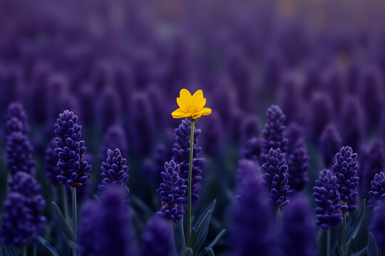 A striking yellow flower stands tall amidst a field of deep purple lavender blooms, creating a vivid contrast. The soft-focus background enhances the flower's uniqueness and beauty in nature.