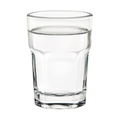 Refreshing glass of clear water on a wooden table with sunlight casting gentle shadows and natural elements nearby isolated on transparent background..