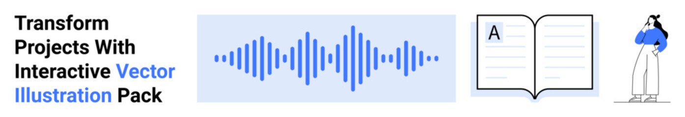 Audio waveform, open book with content, person contemplating ideas. Ideal for education, creativity, learning resources, publishing, innovation communication podcast design. Flat landing page