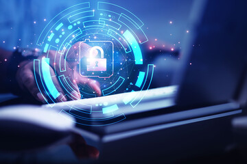 cybersecurity concept Business man shows how to protect cyber technology network from attack by...