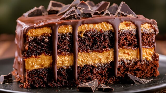Indulgent dobos torta luxurious chocolate layers captured in a cozy kitchen dessert scene